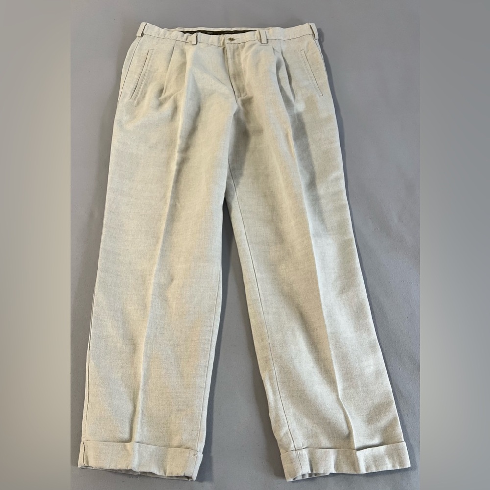 Savane RN 21201 Beige Pleated & Cuffed‎ Men's Cotton Linen Pants W40 30L